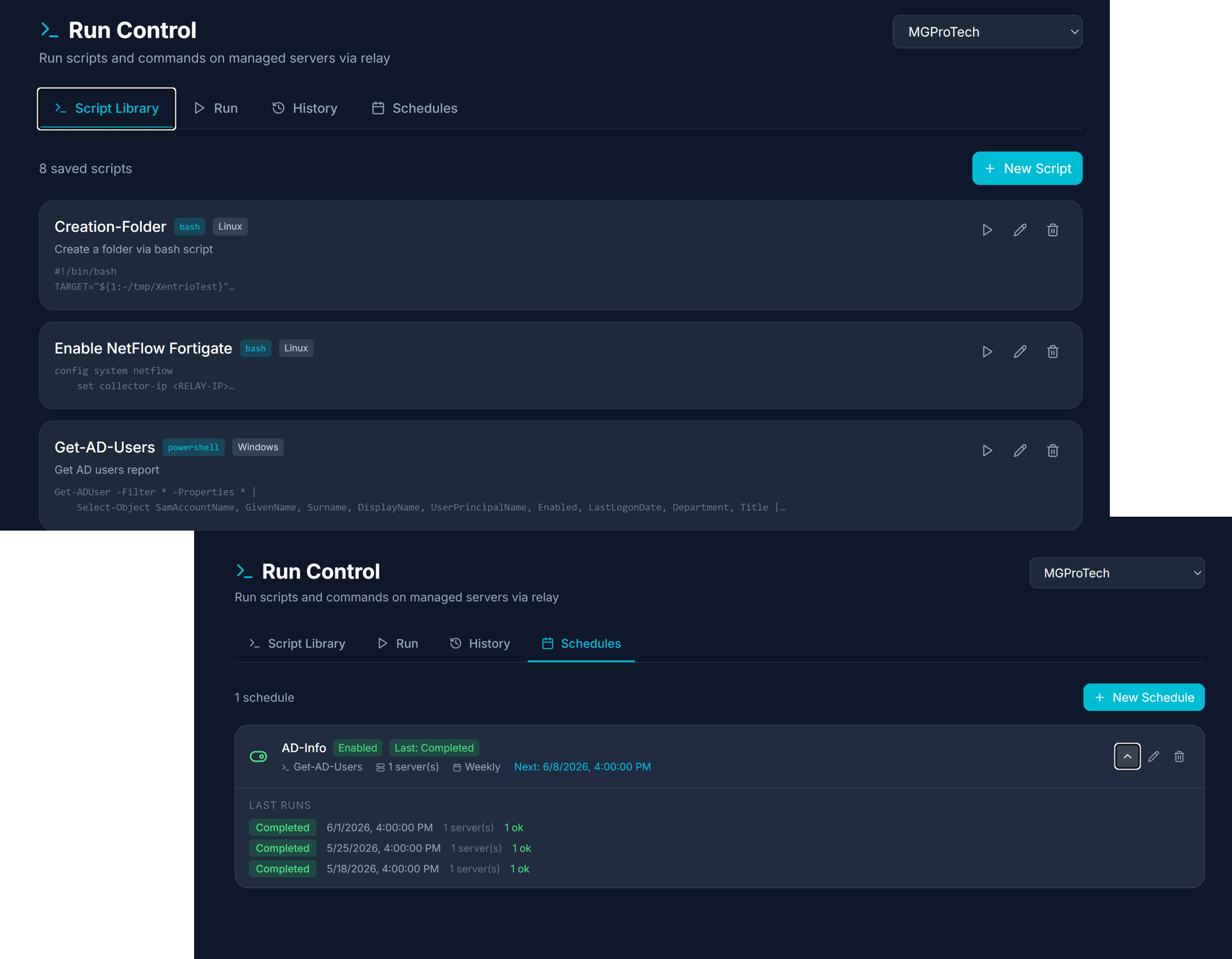 Xentrio Run Control — PowerShell and Bash script execution with real-time output and scheduling