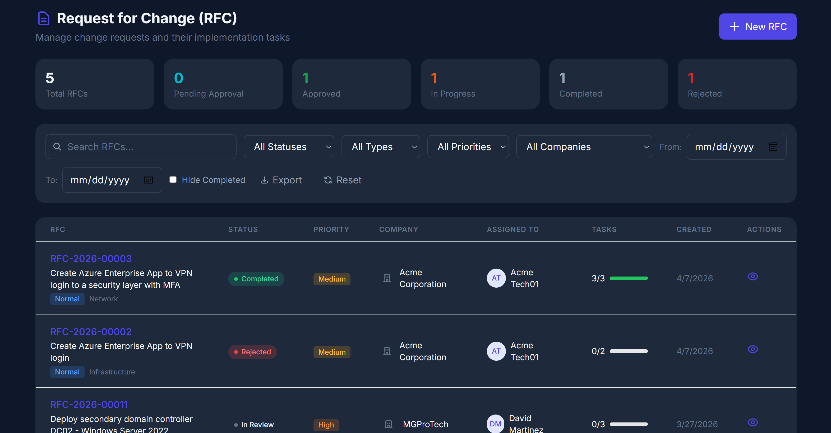 Xentrio RFC — structured change workflow with CAB approval and rollback planning