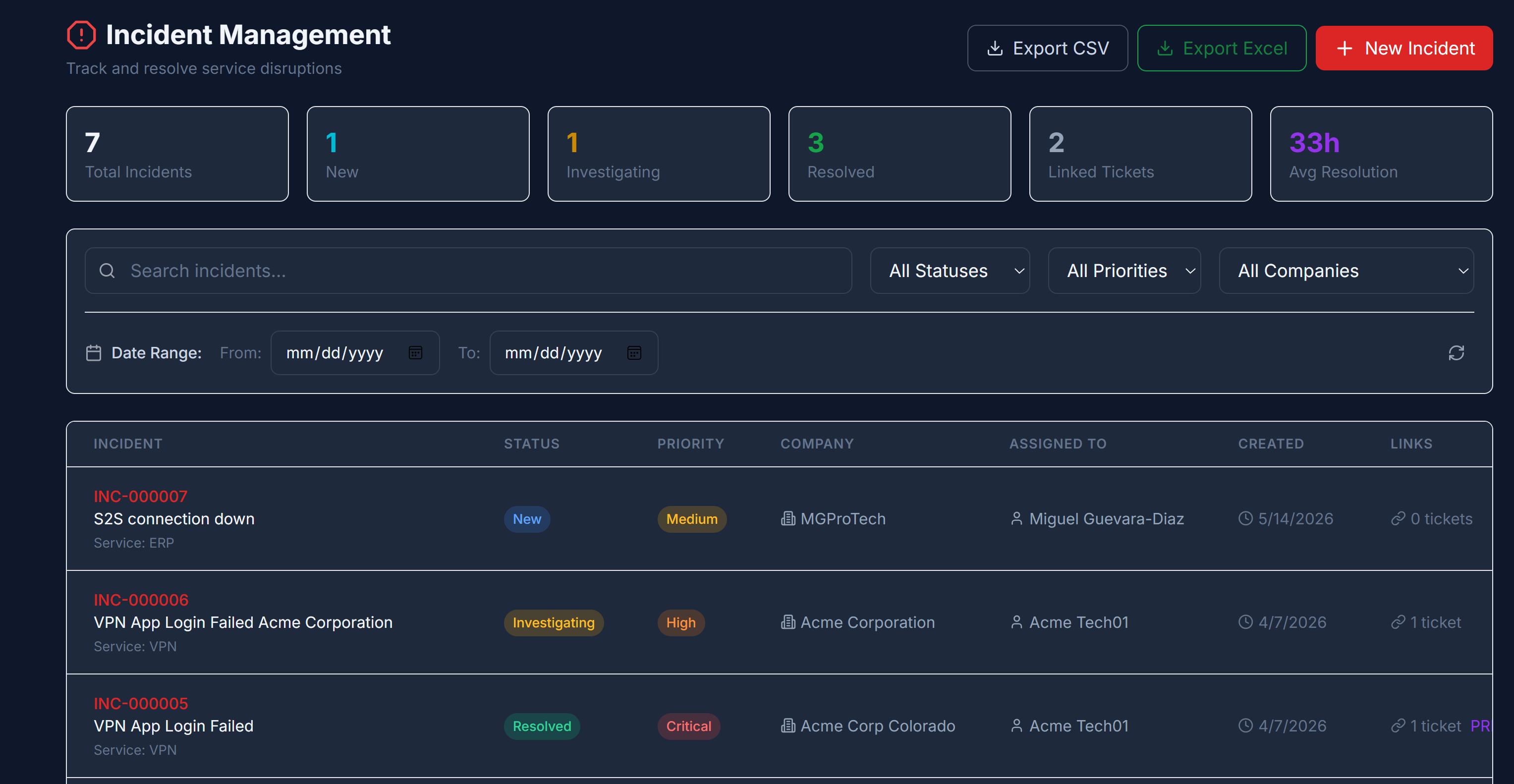 Xentrio Incident Management — major incident lifecycle with ticket rollup and MTTR tracking