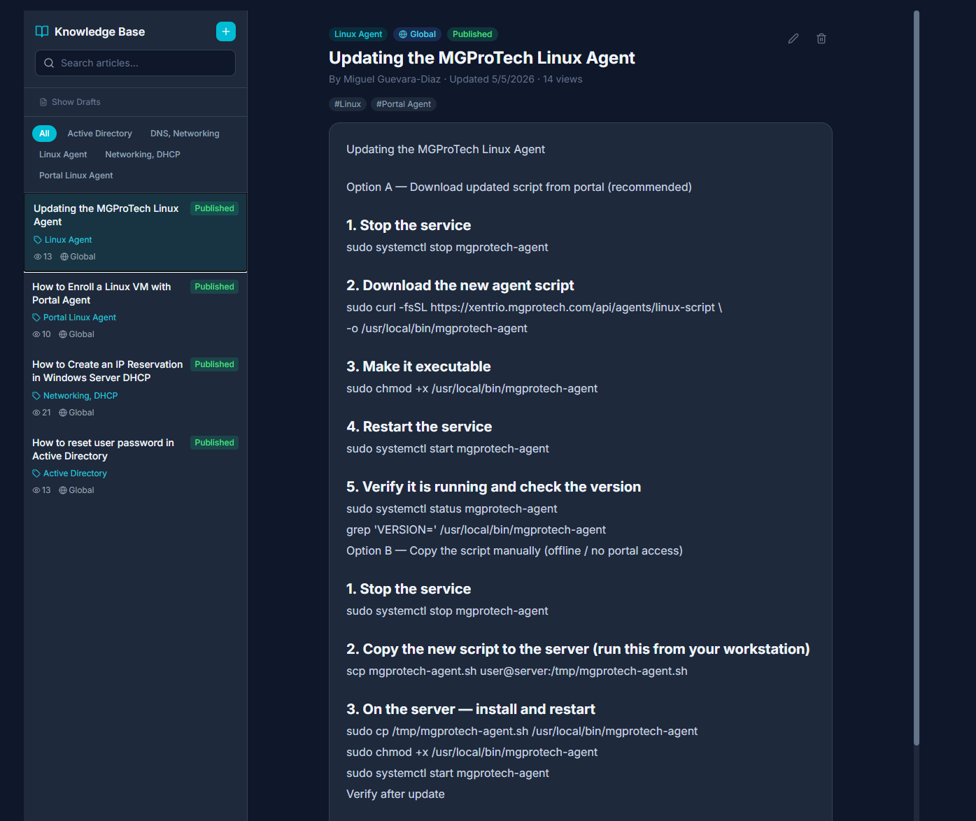 Xentrio Knowledge Base — full-text search with client-visible articles and ticket integration