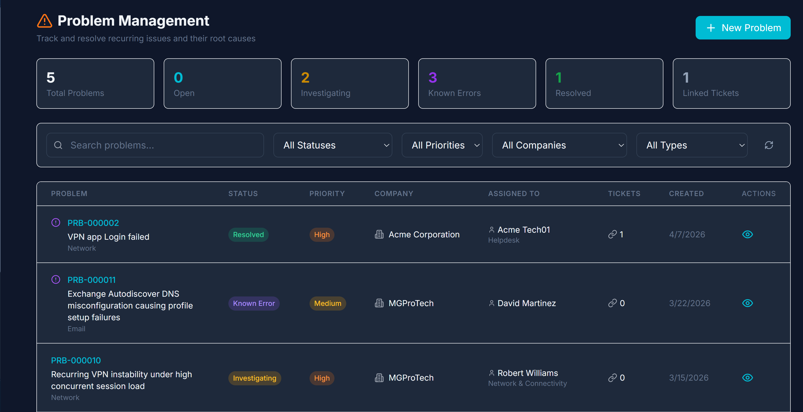 Xentrio Problem Management — root cause analysis with known error database and RFC spawning