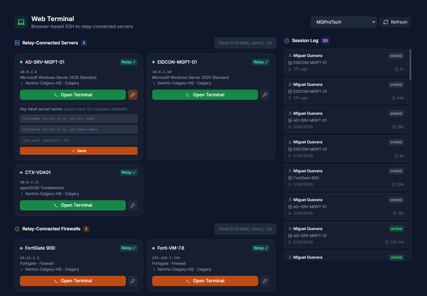 Xentrio Browser SSH Terminal — relay-connected servers with one-click SSH access